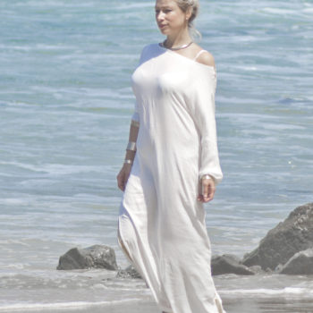 White and Gold, not Blue and Black Silk Goddes Kimono Dress. Size M-L