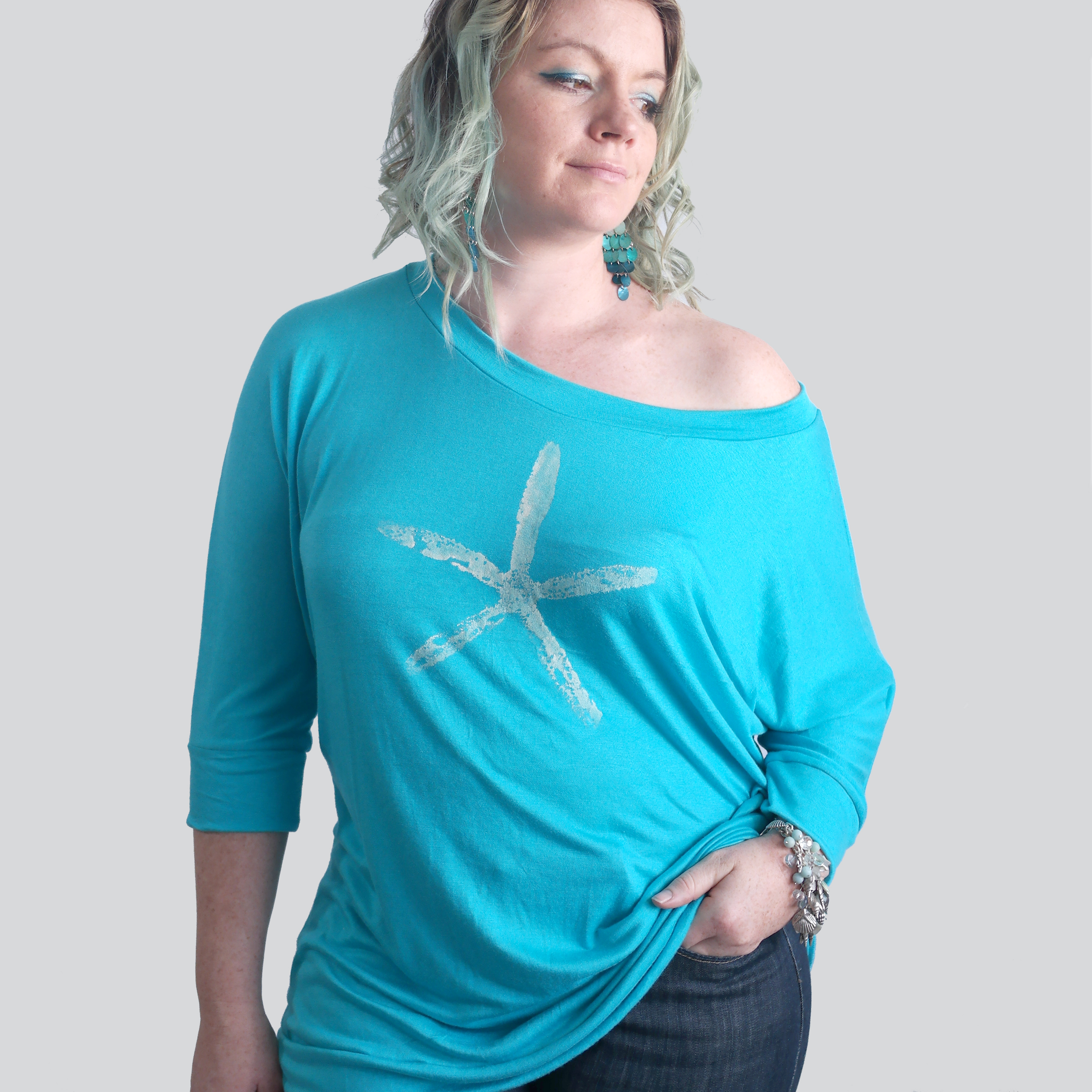 Turquoise Starfish Kimono T-Shirt. Size M-XL