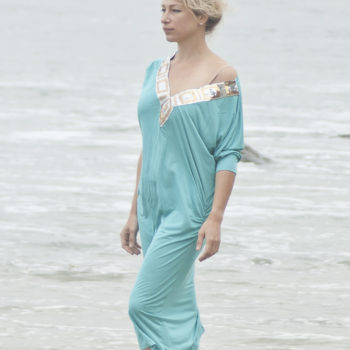 Turquoise V-Neck Bamboo Silk Beach Kimono Dress with gold embellishment. Size M-XL