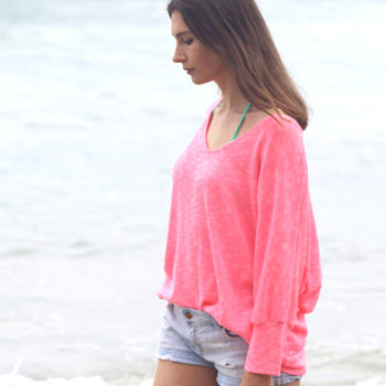 Bright Coral Pink Scoop Neck Kimono Sweater Top, Layering Loose Knit Beach Sweater, Ocean Sweater, Watercolor Top. Size M-XL