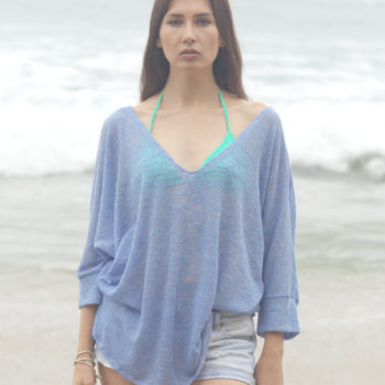 French Blue V-Neck Kimono Sweater, Beach Sweater. Size M-XL