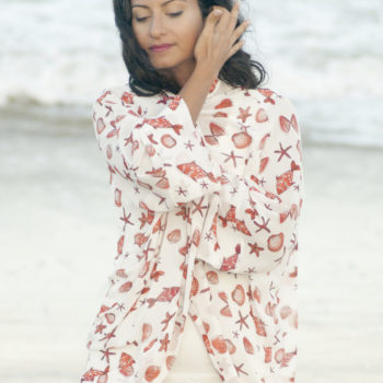White and Red Seashell and Starfish Soft Chiffon Kimono Cover
