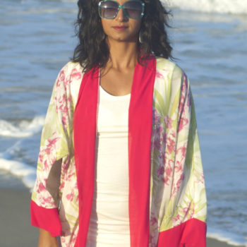 Green and Pink Tropical Super Soft Silky Kimono Jacket, ONE Size
