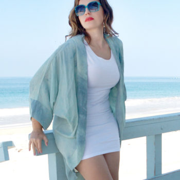 Hand Dyed Watercolor Aqua Pure Silk Beach Kimono. Size (M-XL)